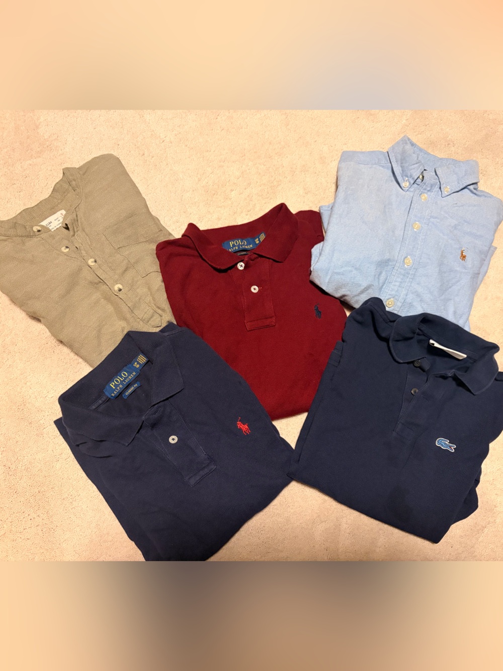 Boys lot of 5 long sleeved shirts Ralph Lauren , Lacoste sz 8 , Zara sz 9